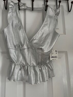 Silver Metallic V-Neck Peplum backless Top - FREE PEOPLE - BMWT